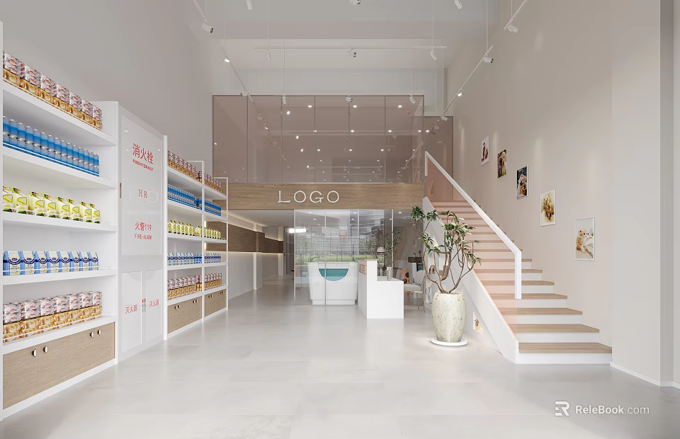 Modern Mall Store Interior With Shelves Staircase And Green Plant 3d model 