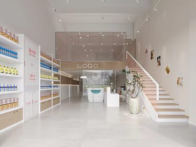Modern Mall Store Interior With Shelves Staircase And Green Plant 3d model