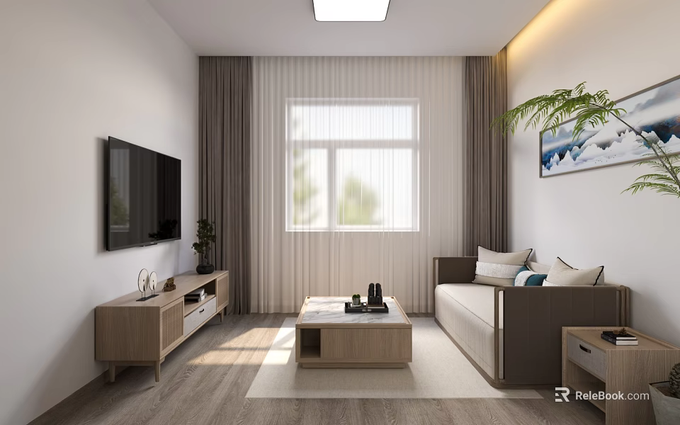 Hotel Public Lounge Area with White Walls Gray Curtains Sunlight TV Sofa and Coffee Table 3d model 