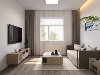 Hotel Public Lounge Area with White Walls Gray Curtains Sunlight TV Sofa and Coffee Table 3d model