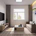 Hotel Public Lounge Area with White Walls Gray Curtains Sunlight TV Sofa and Coffee Table