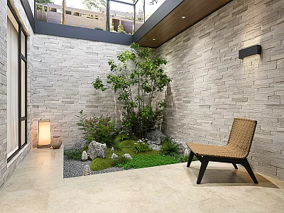 Peaceful Courtyard Garden Landscape Featuring Stone Walls Glass Roof Tree Moss Stones Wicker Chair Lantern 3d model