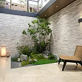 Peaceful Courtyard Garden Landscape Featuring Stone Walls Glass Roof Tree Moss Stones Wicker Chair Lantern