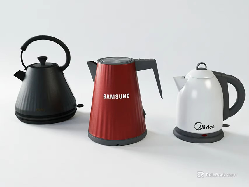 Different Colored Electric Kettles Samsung Red Midea White and Black Household Appliances 3d model 