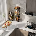 Spice Bottles on Rotating Rack for Modern Kitchen Countertop with Fresh Tomatoes and Cutting Board