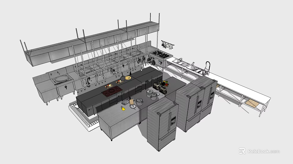 Modern Commercial Kitchen With Stainless Steel Appliances And Island Counter 3d model 
