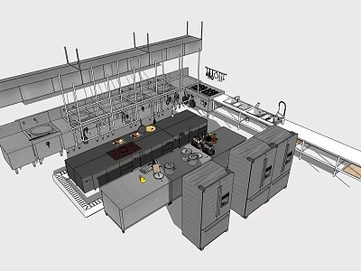 Modern Commercial Kitchen With Stainless Steel Appliances And Island Counter 3d model