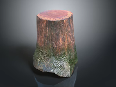 Natural Tree Stump Stool With Rough Wood Grain And Green Textured Base 3d model