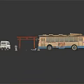 Old Rusty Bus With White Truck And Red Torii Gate In Scene 3d model