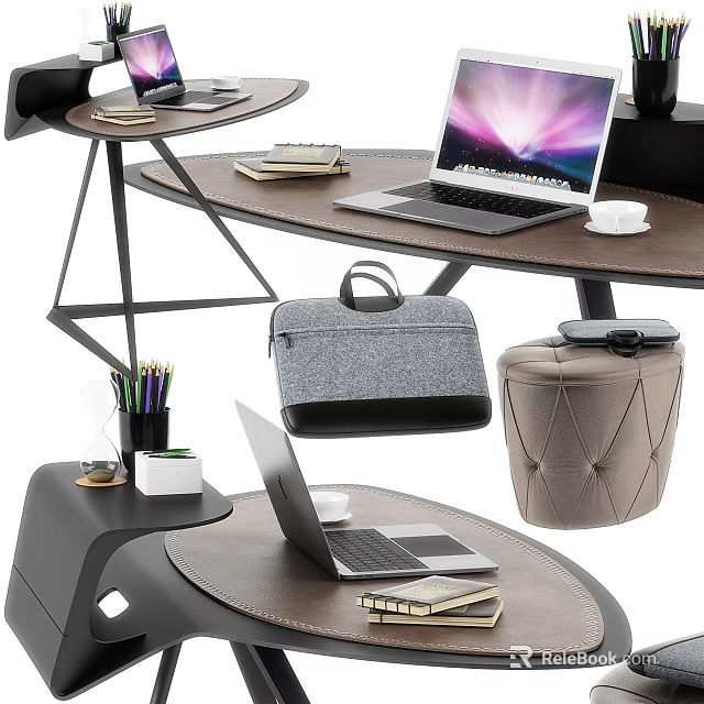 Modern Office Desk Setup With Laptop Briefcase Coffee Cup Books And Pencil Holder 3d model 