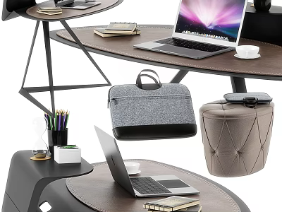 Modern Office Desk Setup With Laptop Briefcase Coffee Cup Books And Pencil Holder 3d model