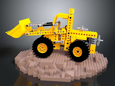 Yellow Lego Forklift Model With Large Black Wheels And Brick Construction Base 3d model