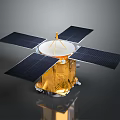 Orbital Spacecraft With Four Solar Panels Golden Body And Circular Dish Antenna