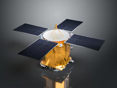 Orbital Spacecraft With Four Solar Panels Golden Body And Circular Dish Antenna 3d model