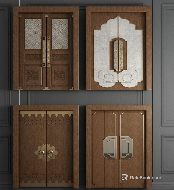 Chinese Style Wooden Double Doors with Carved Patterns and Metal Accents 3d model 