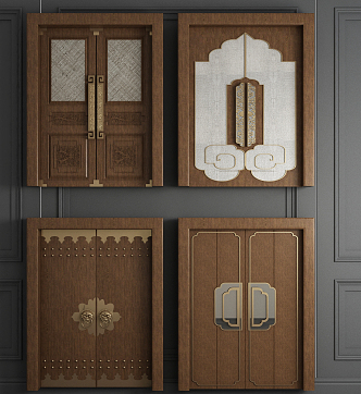 Chinese style double door solid wood double door combination 3d model