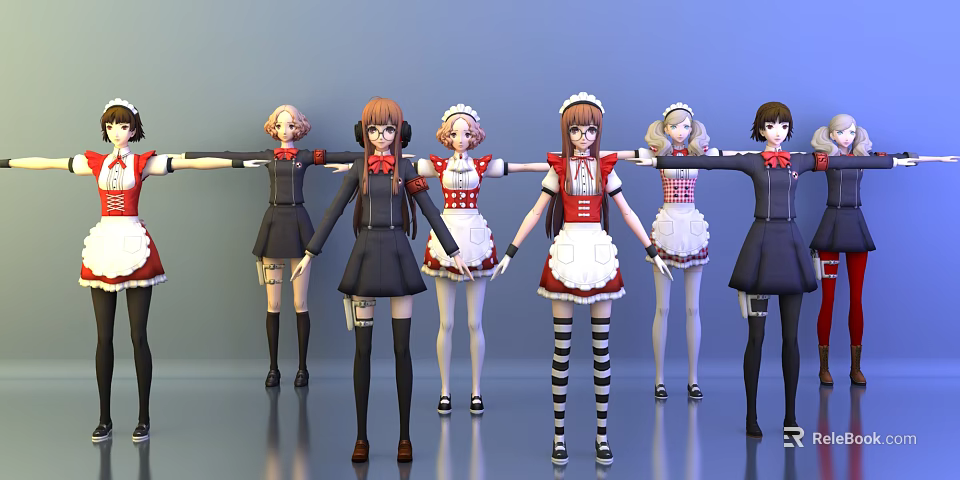 Game and Movie Characters in Diverse Outfits Maid Costumes and Different Hairstyles 3d model 