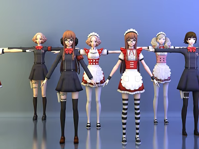 Game and Movie Characters in Diverse Outfits Maid Costumes and Different Hairstyles 3d model