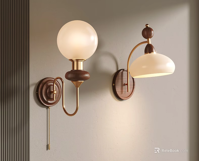 Modern Wall Lamps With Wooden Brass Accents And White Shade Mounted On Wall 3d model 