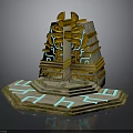 Ancient Temple Entrance Structure With Golden Decorations And Blue Glowing Hexagonal Base