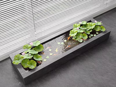 Indoor Rectangular Water Pond With Lotus Leaves Flowers Goldfish And Ripples 3d model