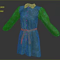 Green Leaf Pattern Dress With Blue Belt And Long Sleeves Design