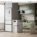 Modern Restaurant Kitchen With Open Design Green Cabinets White Refrigerator Marble Countertop And Bar Stools