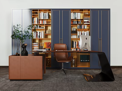 Modern Office Desk With Brown Leather Chair Apple iMac Bookshelf Green Plant And Leather Cabinet 3d model