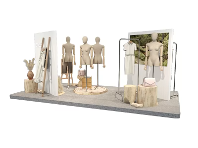 Fashion Store Display Arrangement With Multiple Mannequins Wooden Stump Bases And Clothing Racks 3d model