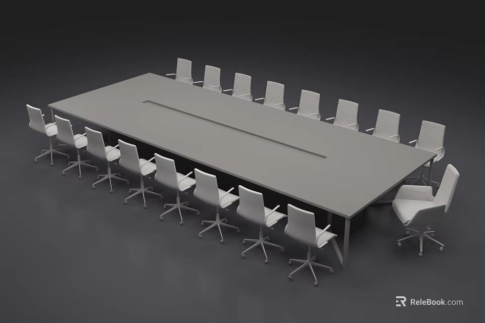 Long Modern Conference Table With Surrounding Office Chairs In Minimalist Design 3d model 