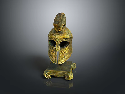 Ancient Greek Golden Helmet With Intricate Decorations On Scroll Design Stand 3d model