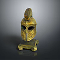 Ancient Greek Golden Helmet With Intricate Decorations On Scroll Design Stand
