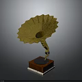 Golden Phonograph Decorative Equipment With Red Wooden Base And Fan Shaped Horn