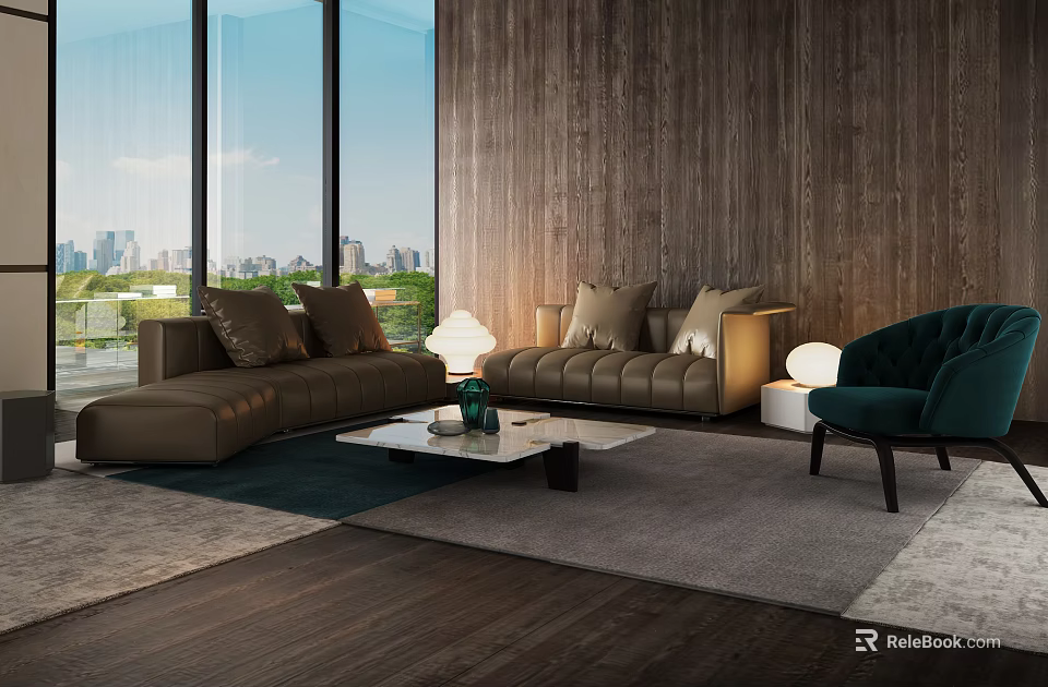Modern Sofa And Coffee Table Set With Wooden Wall And City View 3d model