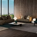 Modern Sofa And Coffee Table Set With Wooden Wall And City View 3d model