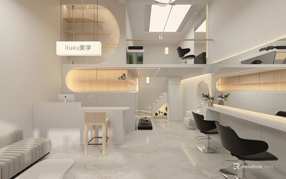 Stylish Modern Beauty Hair Salon Interior Design With White Wood Styling Chairs And Lighting 3d model 