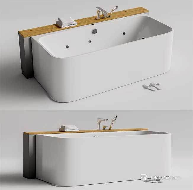 Modern Freestanding White Bathtub With Wooden Top Towels Slippers And Faucet 3d model 