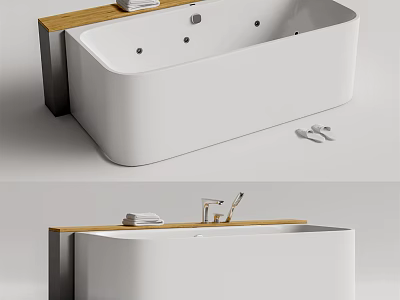 Modern Freestanding White Bathtub With Wooden Top Towels Slippers And Faucet 3d model