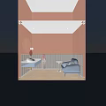 Pink Bathroom Interior With Light Blue Chair White Sink And Round Mirror