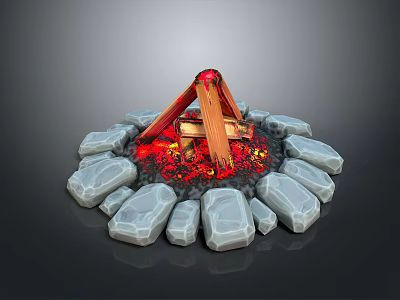 Stone Circle With Wooden Fire Pit Burning Flames And Glowing Embers 3d model