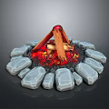 Stone Circle With Wooden Fire Pit Burning Flames And Glowing Embers
