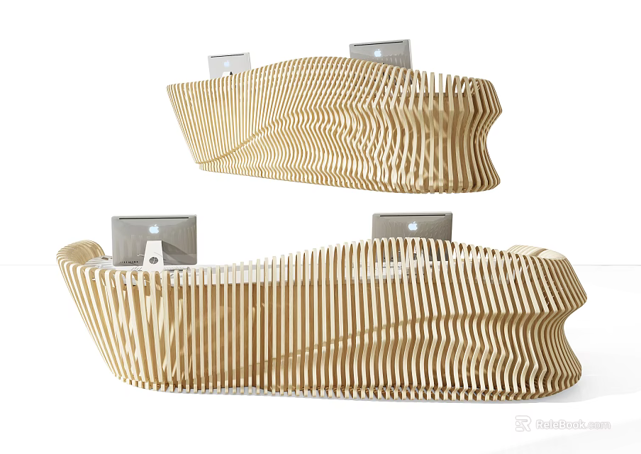 Elegant Modern Wooden Reception Desk With Wavy Stripes And Silver Countertops 3d model 