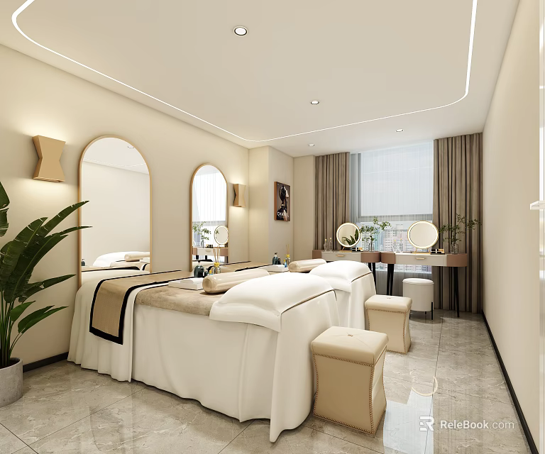 Modern SPA Treatment Room With Massage Beds White Sheets Beige Stools And Mirrors 3d model 