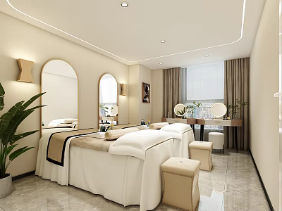 Modern SPA Treatment Room With Massage Beds White Sheets Beige Stools And Mirrors 3d model