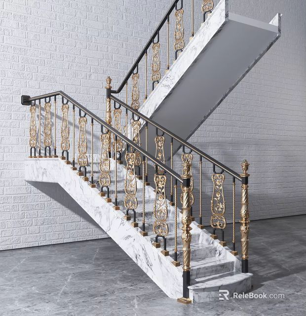 Elegant Staircase With Marble Steps And Gold Black Ornate Railings Against White Brick Wall 3d model 