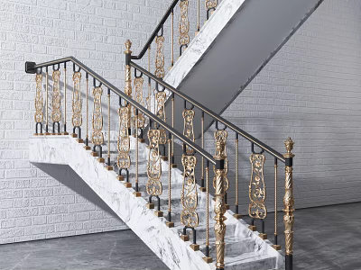 Elegant Staircase With Marble Steps And Gold Black Ornate Railings Against White Brick Wall 3d model