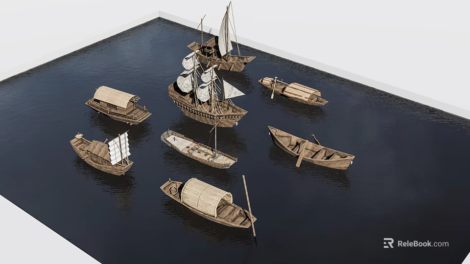 Various Traditional Wooden Boats With Sails And Oars Displayed On Water 3d model 