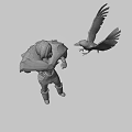 Game Movie Character Red Haired Female With Cloak Standing With Flying Eagle Against Blue Background