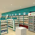 Turquoise And Red Pharmacy Store Interior With Medicine Shelves And Counter