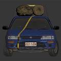 Blue Sedan Car With Luggage Tied On Roof Using Yellow Rope